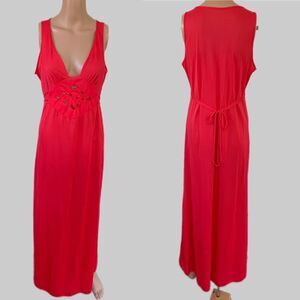 70s Maxi Nightgown Red Low Cut Long Dress 36 Bust